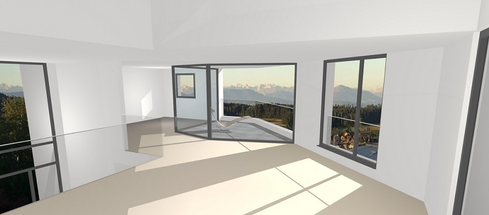 Moderne Architektur im Wohnzimmer mit Sicht auf Berge